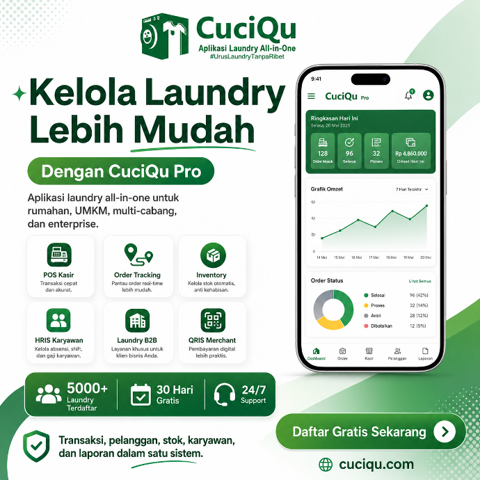 Kelola laundry lebih mudah dengan CuciQu Pro aplikasi laundry all-in-one