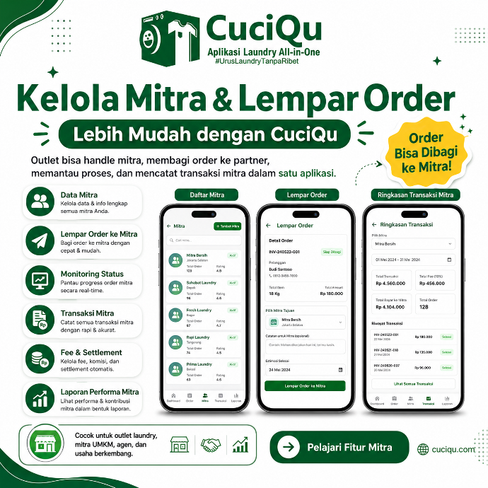 Kelola mitra dan lempar order laundry dengan CuciQu Pro