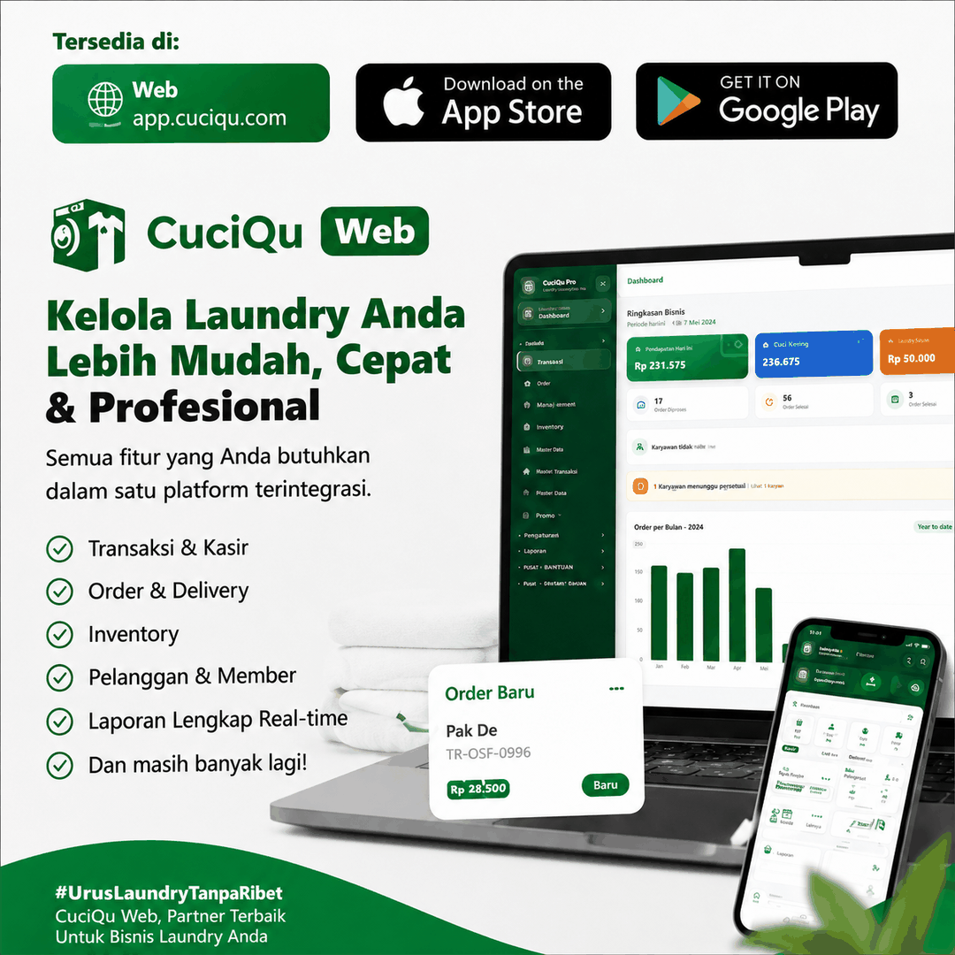 Aplikasi SaaS laundry modern CuciQu Pro di Android, iOS, dan Web App