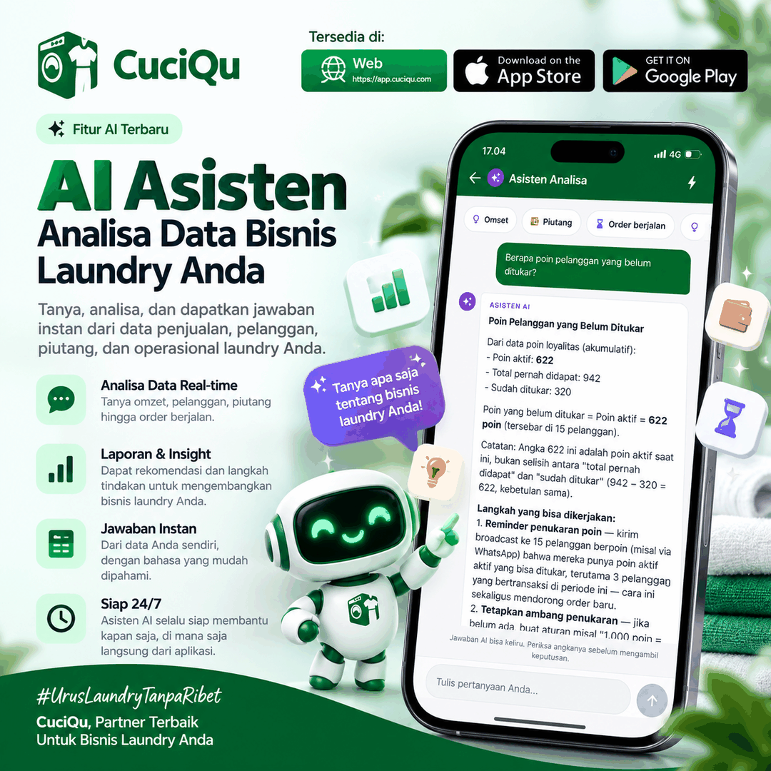 Asisten AI CuciQu menjawab pertanyaan poin pelanggan dari data bisnis laundry