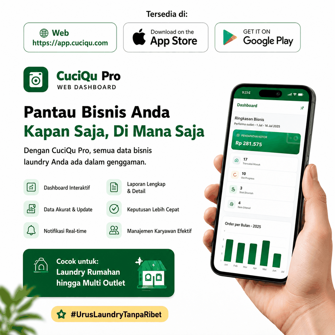 Pantau bisnis laundry kapan saja dan di mana saja dari dashboard CuciQu Pro di HP