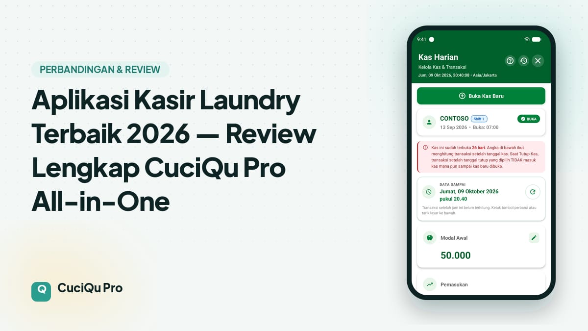 Thumbnail artikel: Aplikasi Kasir Laundry Terbaik 2026 — Review Lengkap CuciQu Pro All-in-One