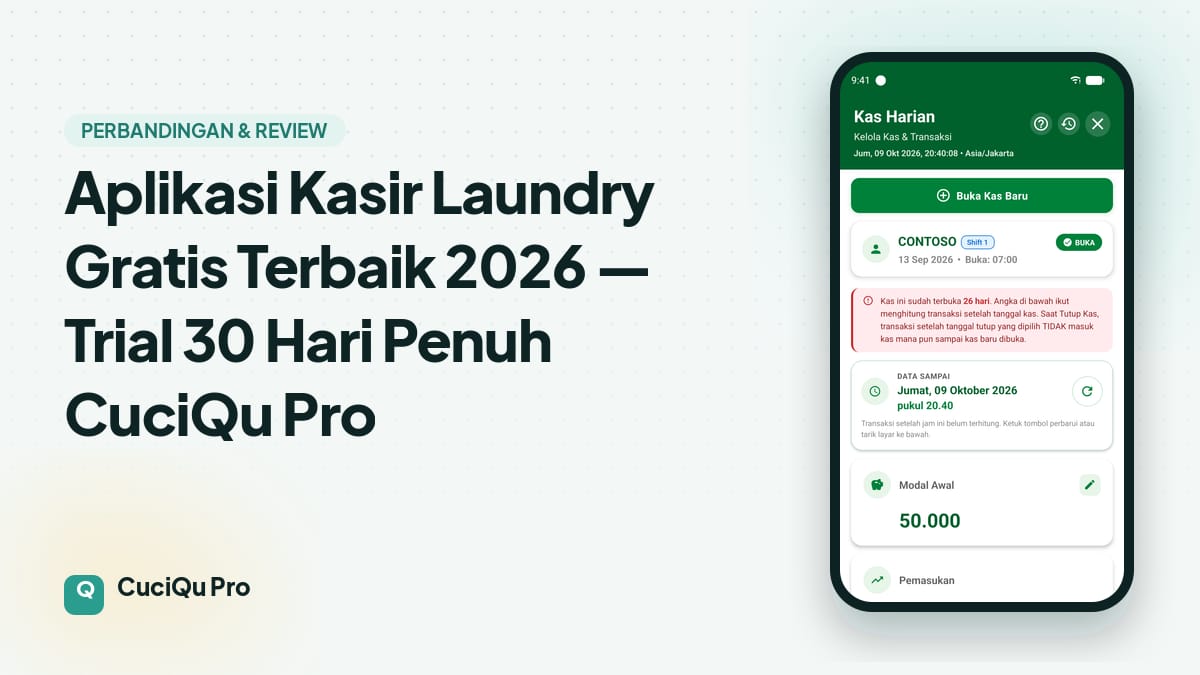 Thumbnail artikel: Aplikasi Kasir Laundry Gratis Terbaik 2026 — Trial 30 Hari Penuh CuciQu Pro