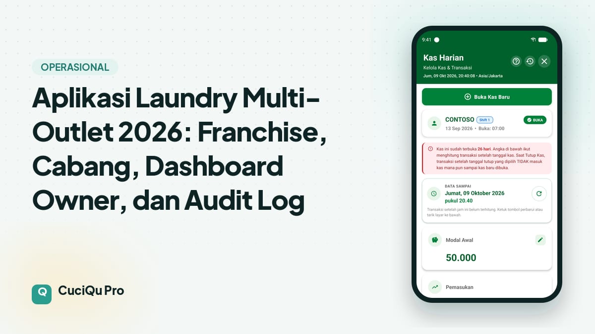 Thumbnail artikel: Aplikasi Laundry Multi-Outlet 2026: Franchise, Cabang, Dashboard Owner, dan Audit Log