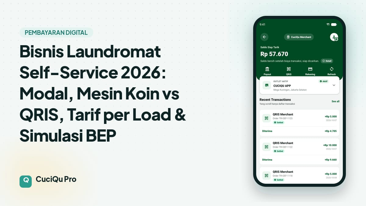 Thumbnail artikel: Bisnis Laundromat Self-Service 2026: Modal, Mesin Koin vs QRIS, Tarif per Load & Simulasi BEP