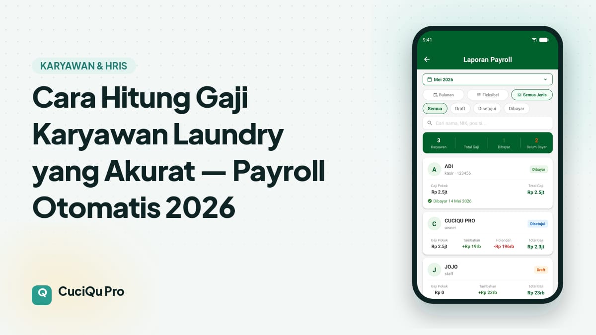Thumbnail artikel: Cara Hitung Gaji Karyawan Laundry yang Akurat — Payroll Otomatis 2026