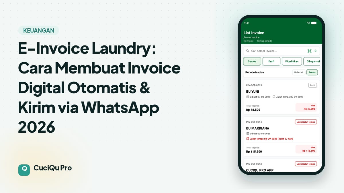 Thumbnail artikel: E-Invoice Laundry: Cara Membuat Invoice Digital Otomatis & Kirim via WhatsApp 2026