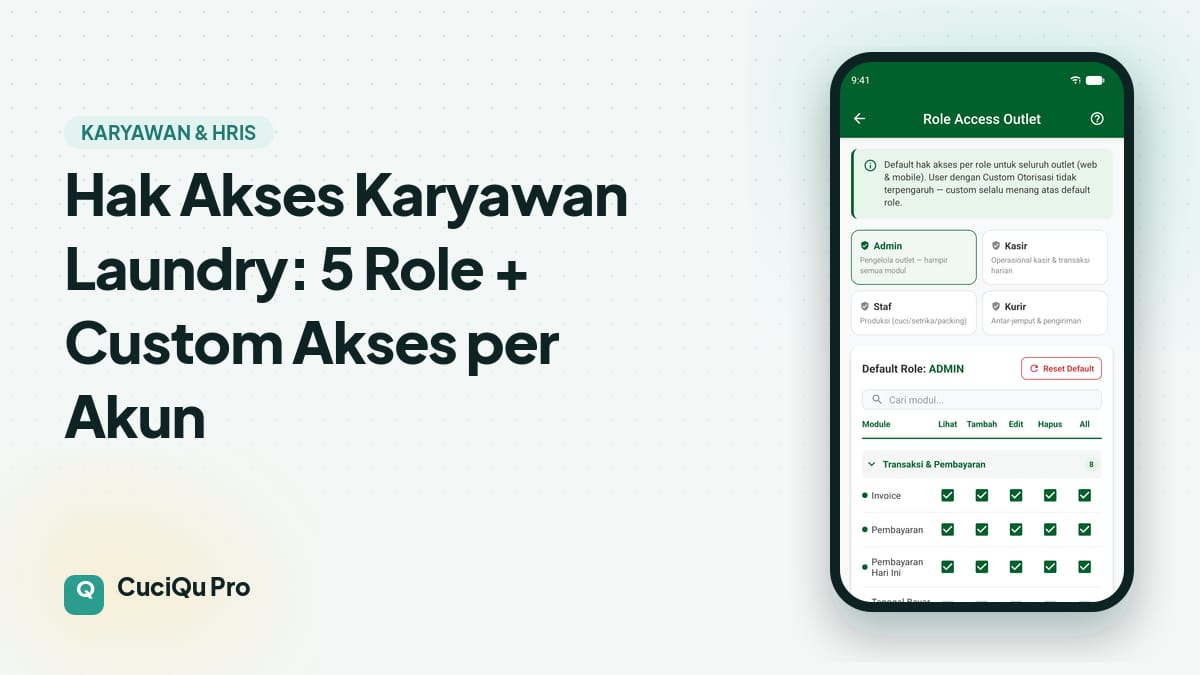 Thumbnail artikel: Hak Akses Karyawan Laundry: 5 Role + Custom Akses per Akun di CuciQu Pro 2026