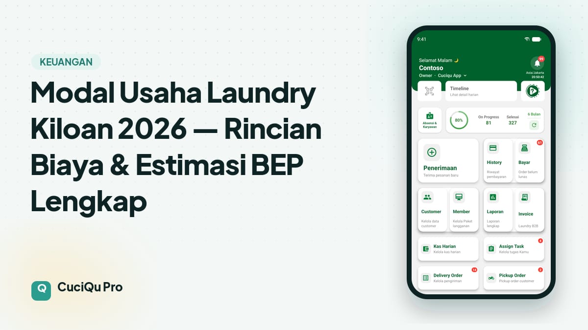 Thumbnail artikel: Modal Usaha Laundry Kiloan 2026 — Rincian Biaya & Estimasi BEP Lengkap