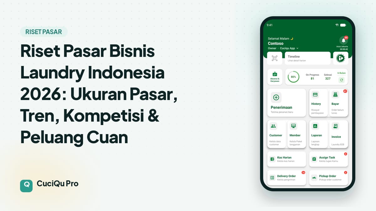 Thumbnail artikel: Riset Pasar Bisnis Laundry Indonesia 2026: Ukuran Pasar, Tren, Kompetisi & Peluang Cuan