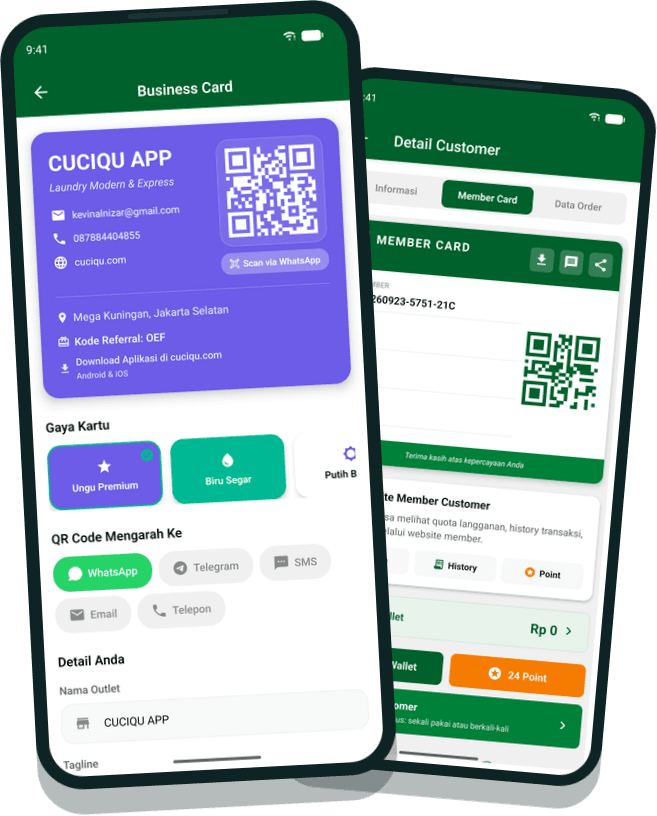 Fitur member digital CuciQu Pro untuk reward point dan kartu member laundry