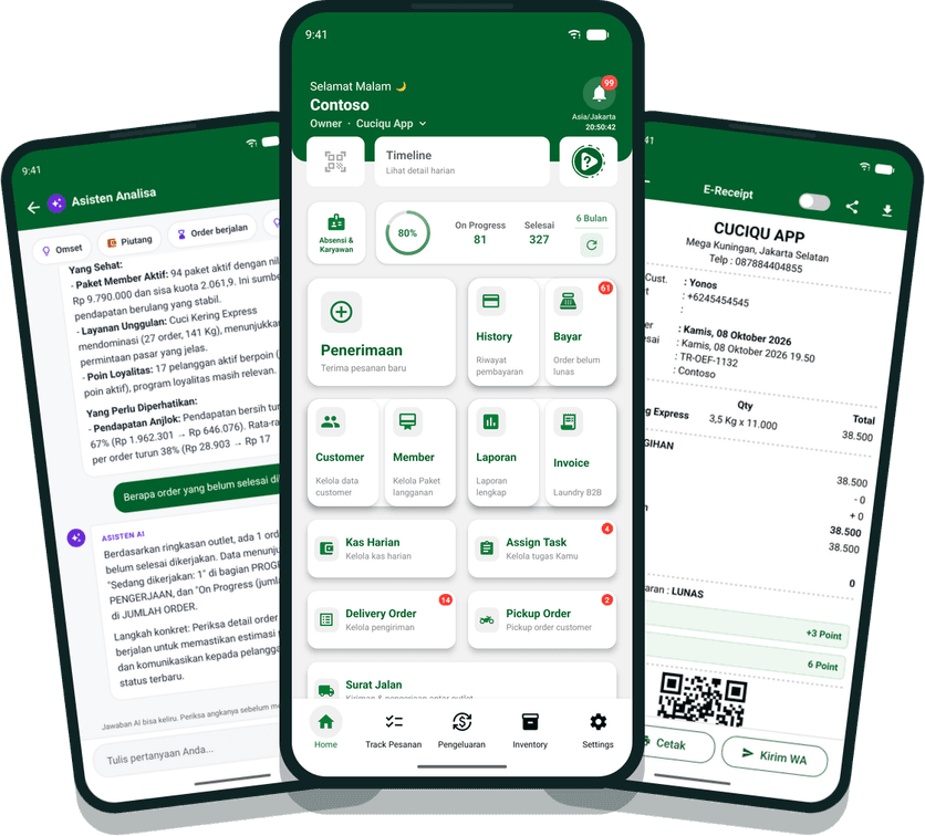 Tampilan aplikasi kasir laundry CuciQu Pro di Android dan iOS