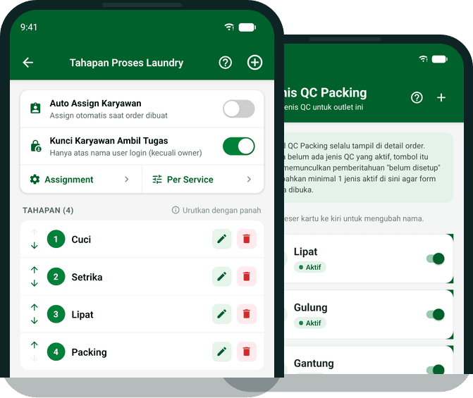 Tahapan proses laundry dengan auto assign karyawan dan jenis QC packing di CuciQu Pro