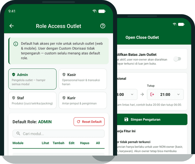 Pengaturan Role Access Outlet dan batas jam operasional kasir di aplikasi CuciQu Pro