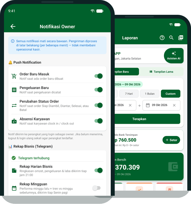 Notifikasi owner dan rekap bisnis harian ke Telegram di CuciQu Pro